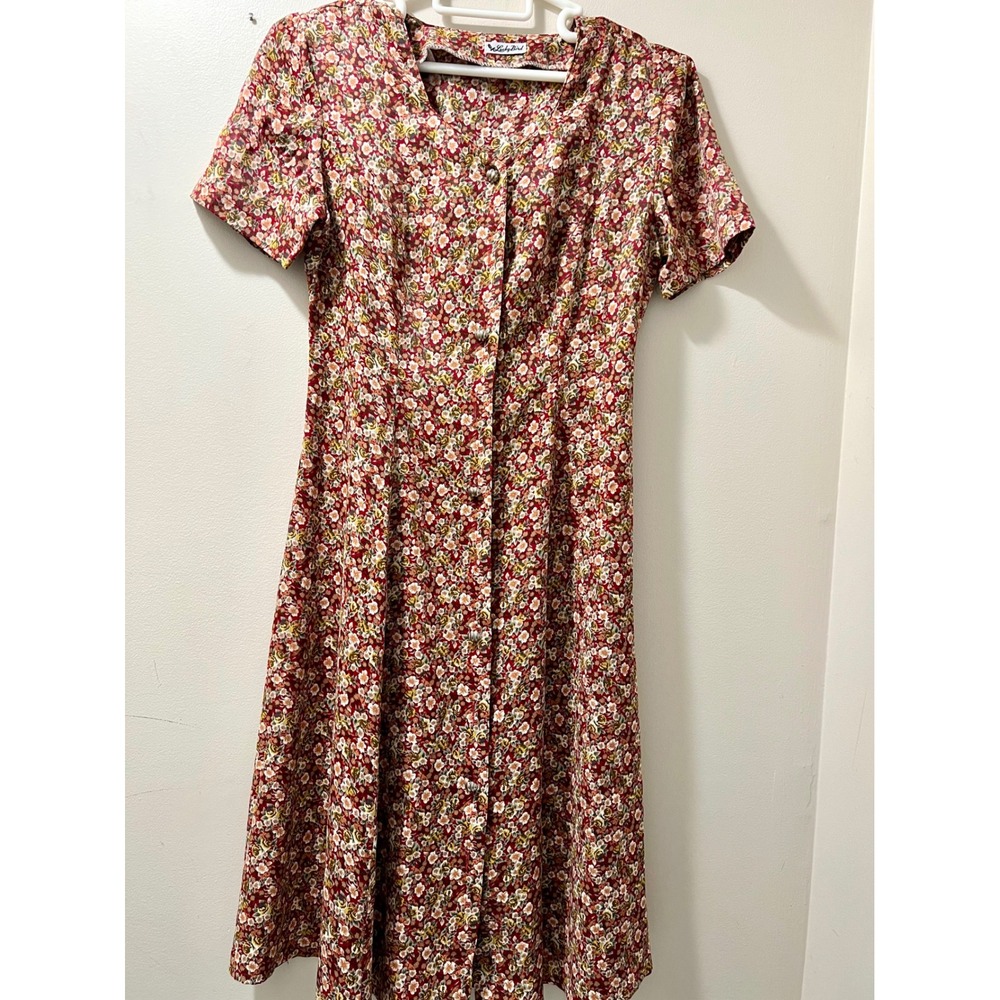Lucky Bird Vintage Floral Button Front Midi Dress Red Short Sleeve Tie Back